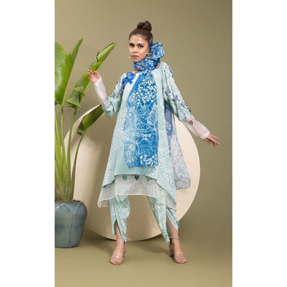 EK Soot Sea Green Embroidered Printed Kurta with Dhoti and Scarf (Set of 3)