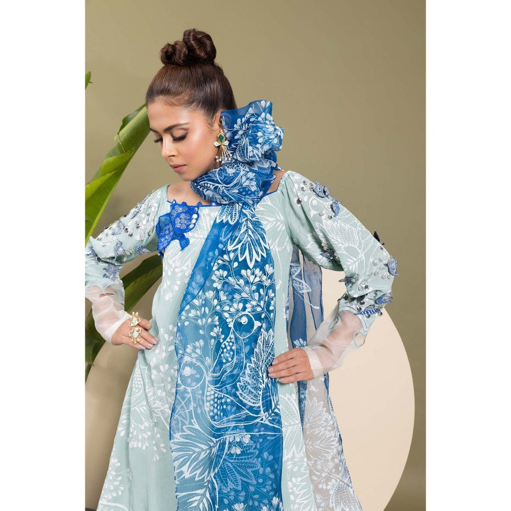 EK Soot Sea Green Embroidered Printed Kurta with Dhoti and Scarf (Set of 3)