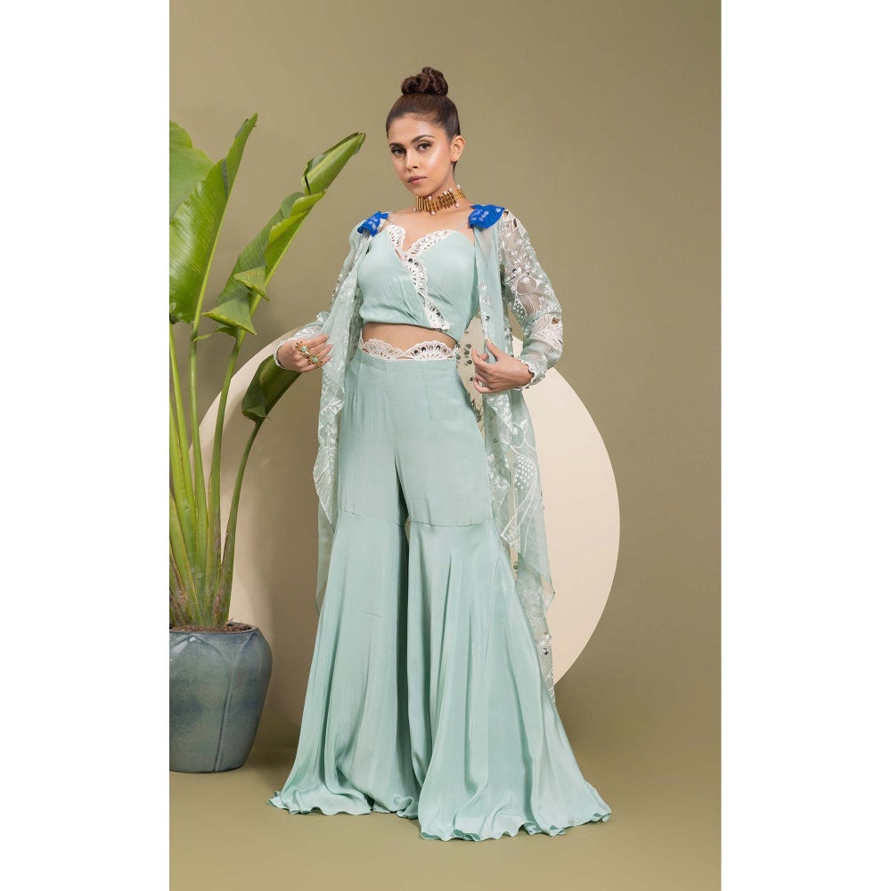 EK Soot Sea Green Embroidered Bustier with Sharara and Jacket (Set of 3)