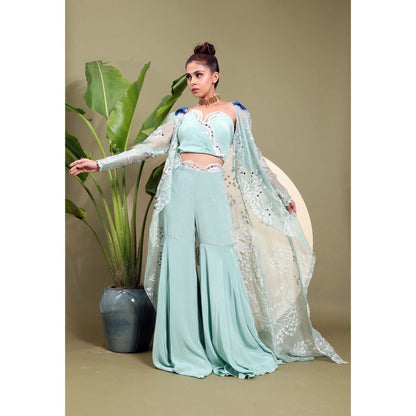 EK Soot Sea Green Embroidered Bustier with Sharara and Jacket (Set of 3)