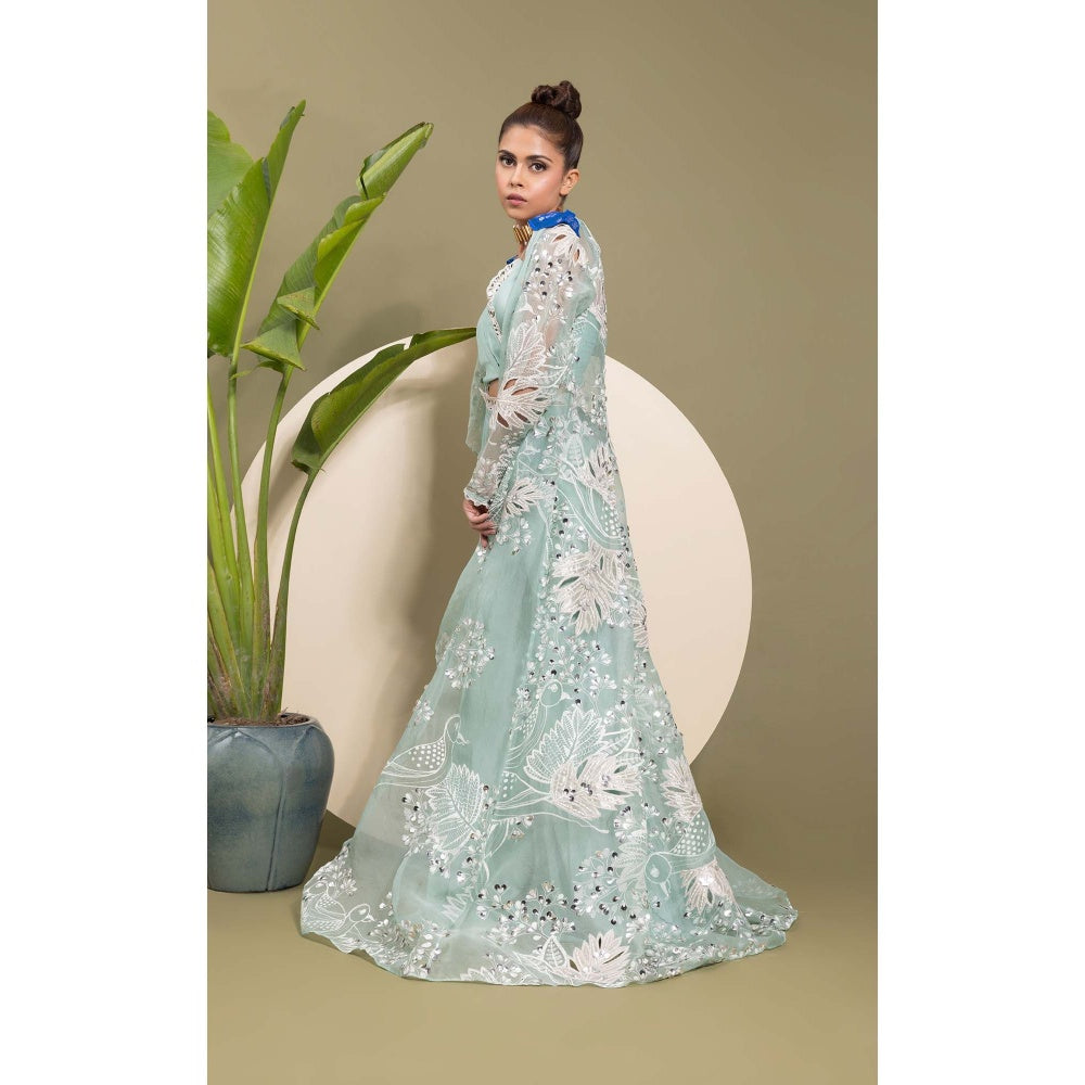 EK Soot Sea Green Embroidered Bustier with Sharara and Jacket (Set of 3)