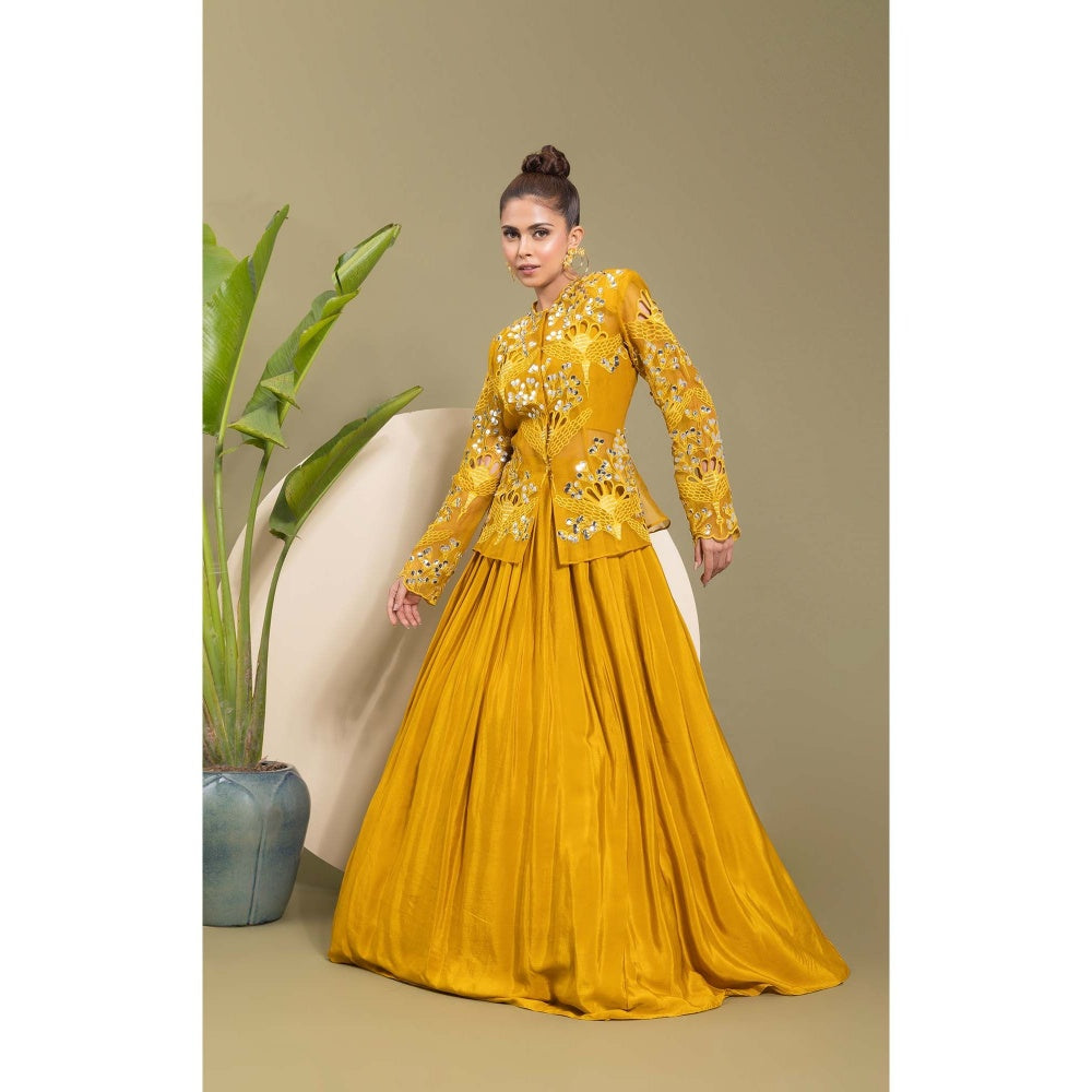 EK Soot Mustard Honey Gold Embroidered Bustier with Lehenga and Jacket (Set of 3)