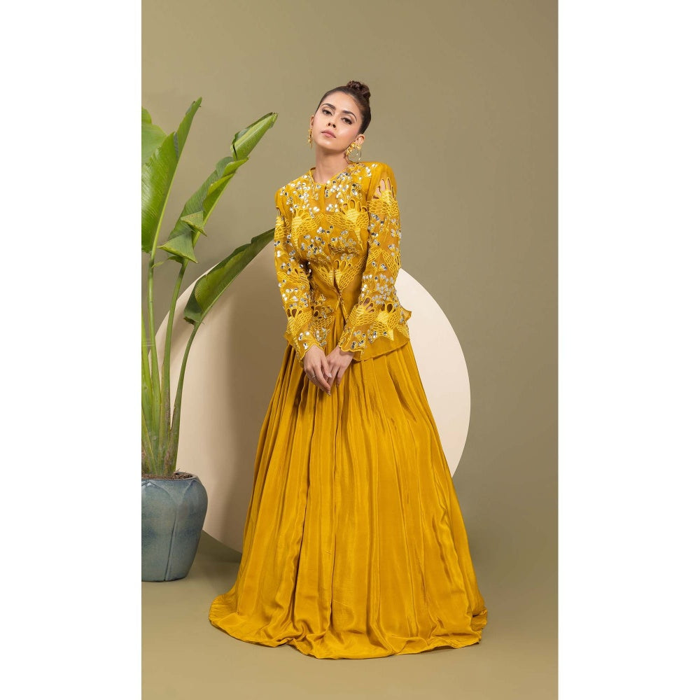 EK Soot Mustard Honey Gold Embroidered Bustier with Lehenga and Jacket (Set of 3)