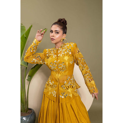 EK Soot Mustard Honey Gold Embroidered Bustier with Lehenga and Jacket (Set of 3)