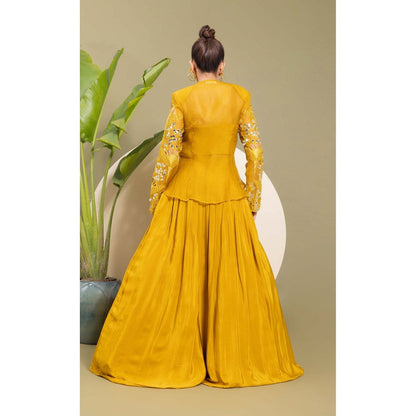 EK Soot Mustard Honey Gold Embroidered Bustier with Lehenga and Jacket (Set of 3)