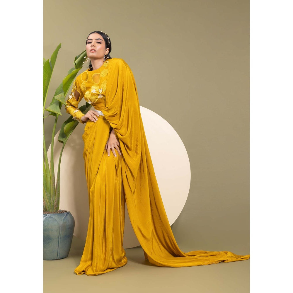 EK Soot Mustard Honey Gold Saree with Belt and Stitched Blouse