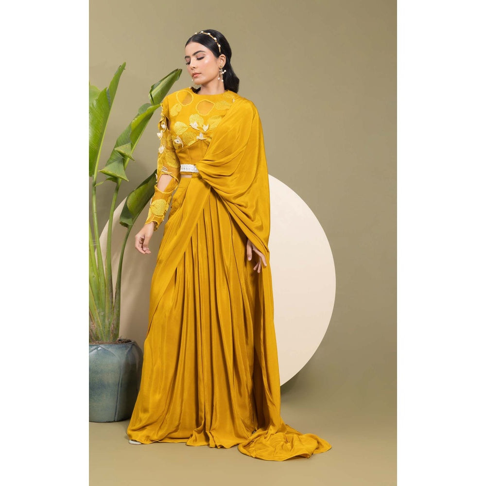 EK Soot Mustard Honey Gold Saree with Belt and Stitched Blouse