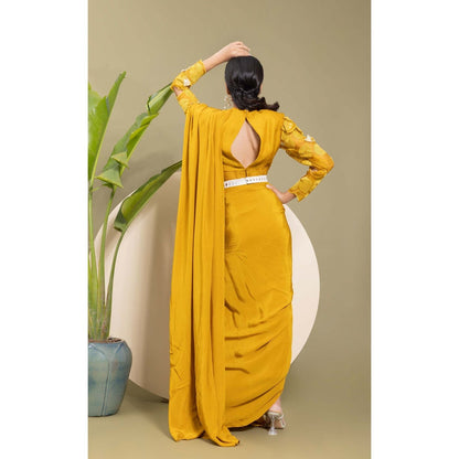EK Soot Mustard Honey Gold Saree with Belt and Stitched Blouse