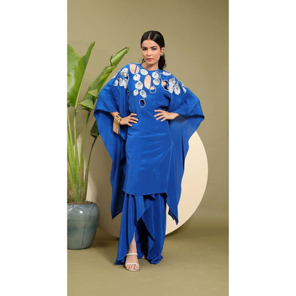 EK Soot Electric Blue Embroidered Kaftan Style Kurta with Inner and Skirt (Set of 3)