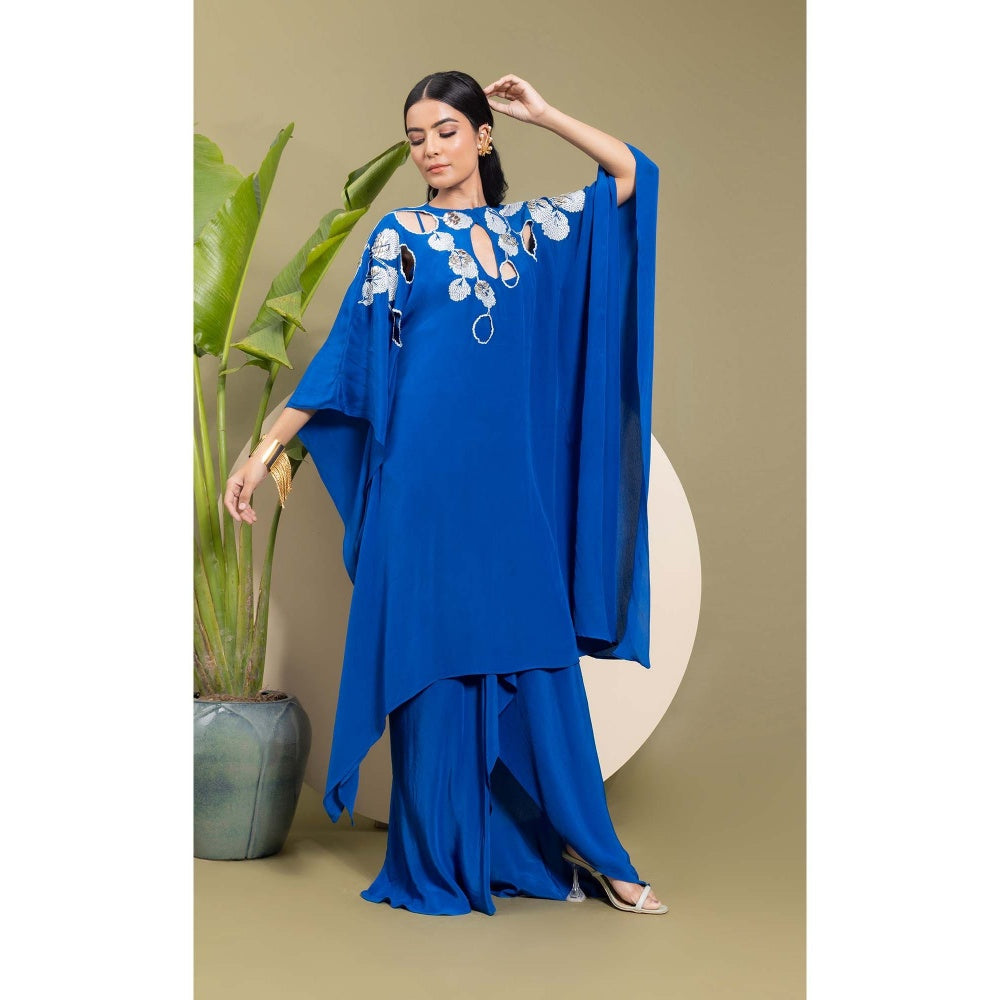 EK Soot Electric Blue Embroidered Kaftan Style Kurta with Inner and Skirt (Set of 3)