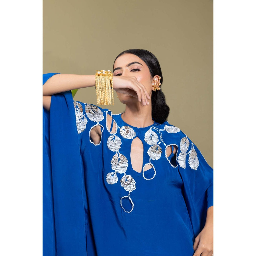 EK Soot Electric Blue Embroidered Kaftan Style Kurta with Inner and Skirt (Set of 3)