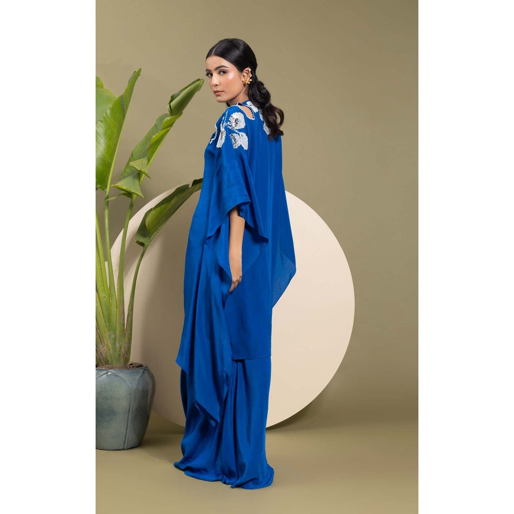 EK Soot Electric Blue Embroidered Kaftan Style Kurta with Inner and Skirt (Set of 3)