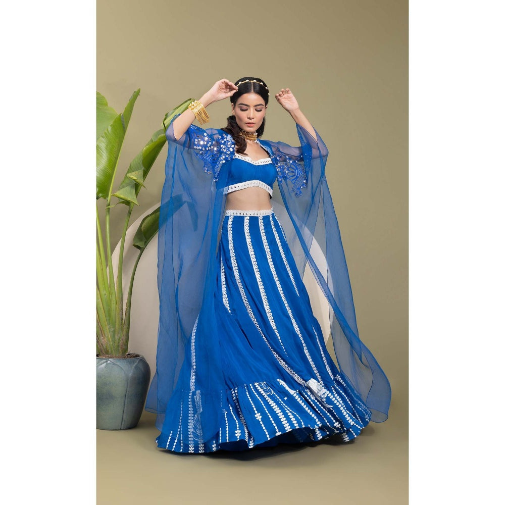 EK Soot Electric Blue Embroidered Blouse with Lehenga and Cape (Set of 3)