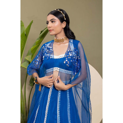 EK Soot Electric Blue Embroidered Blouse with Lehenga and Cape (Set of 3)