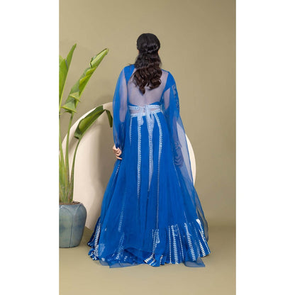 EK Soot Electric Blue Embroidered Blouse with Lehenga and Cape (Set of 3)