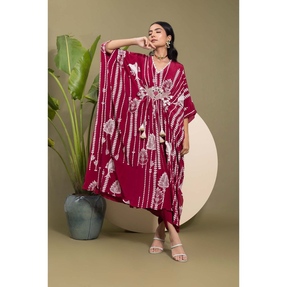 EK Soot Wine Printed Embroidered Kaftan and Dhoti (Set of 2)
