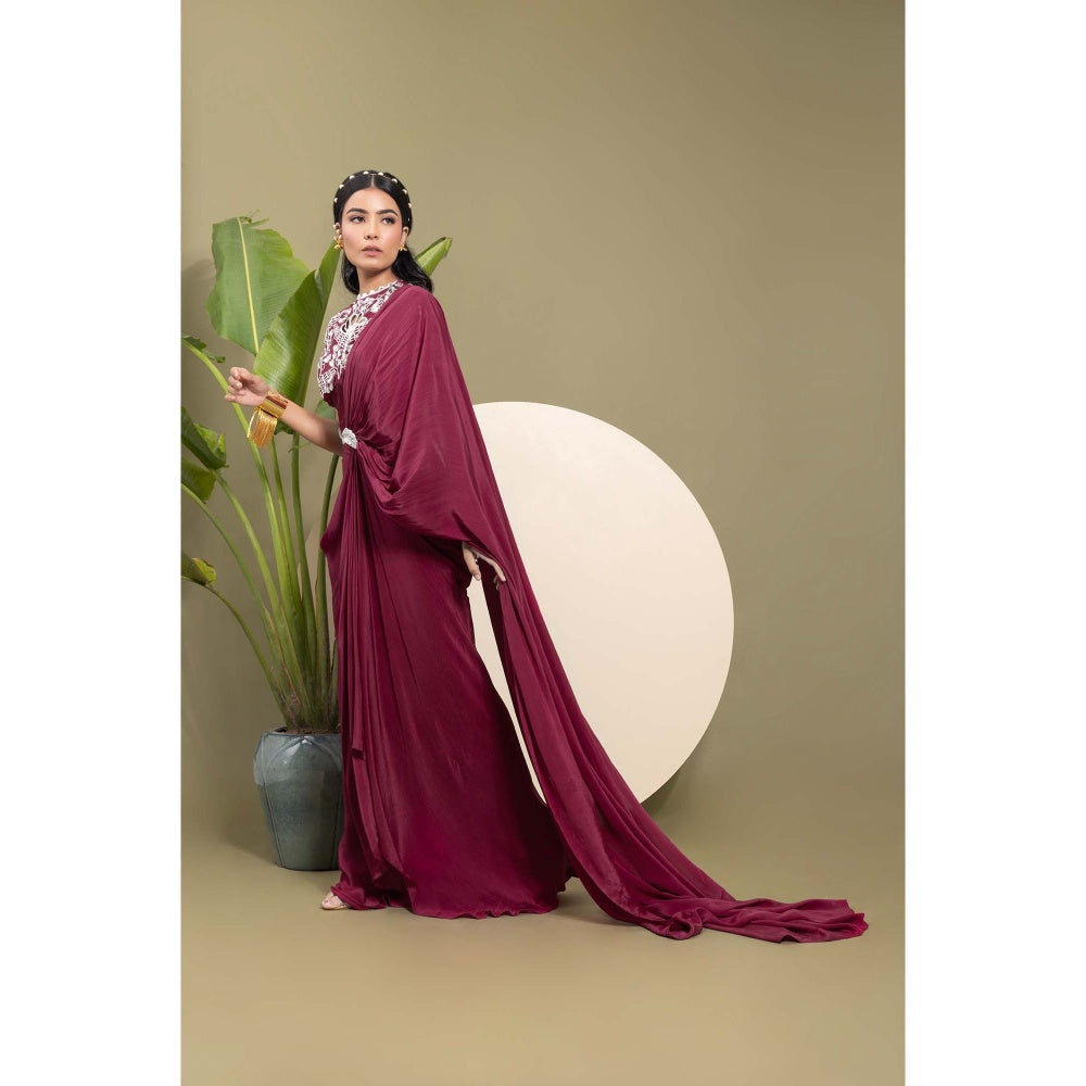 EK Soot Wine Embroidered Pre Draped Saree with Belt and Stitched Blouse