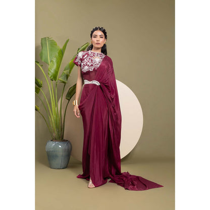 EK Soot Wine Embroidered Pre Draped Saree with Belt and Stitched Blouse