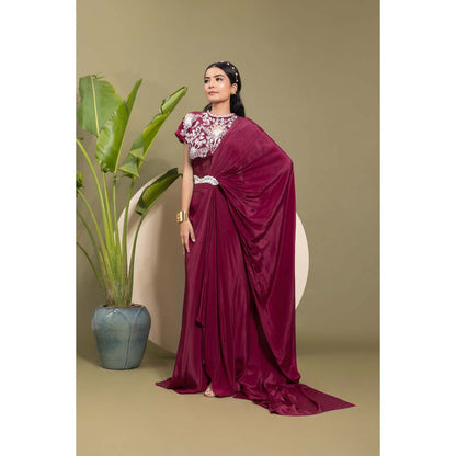 EK Soot Wine Embroidered Pre Draped Saree with Belt and Stitched Blouse