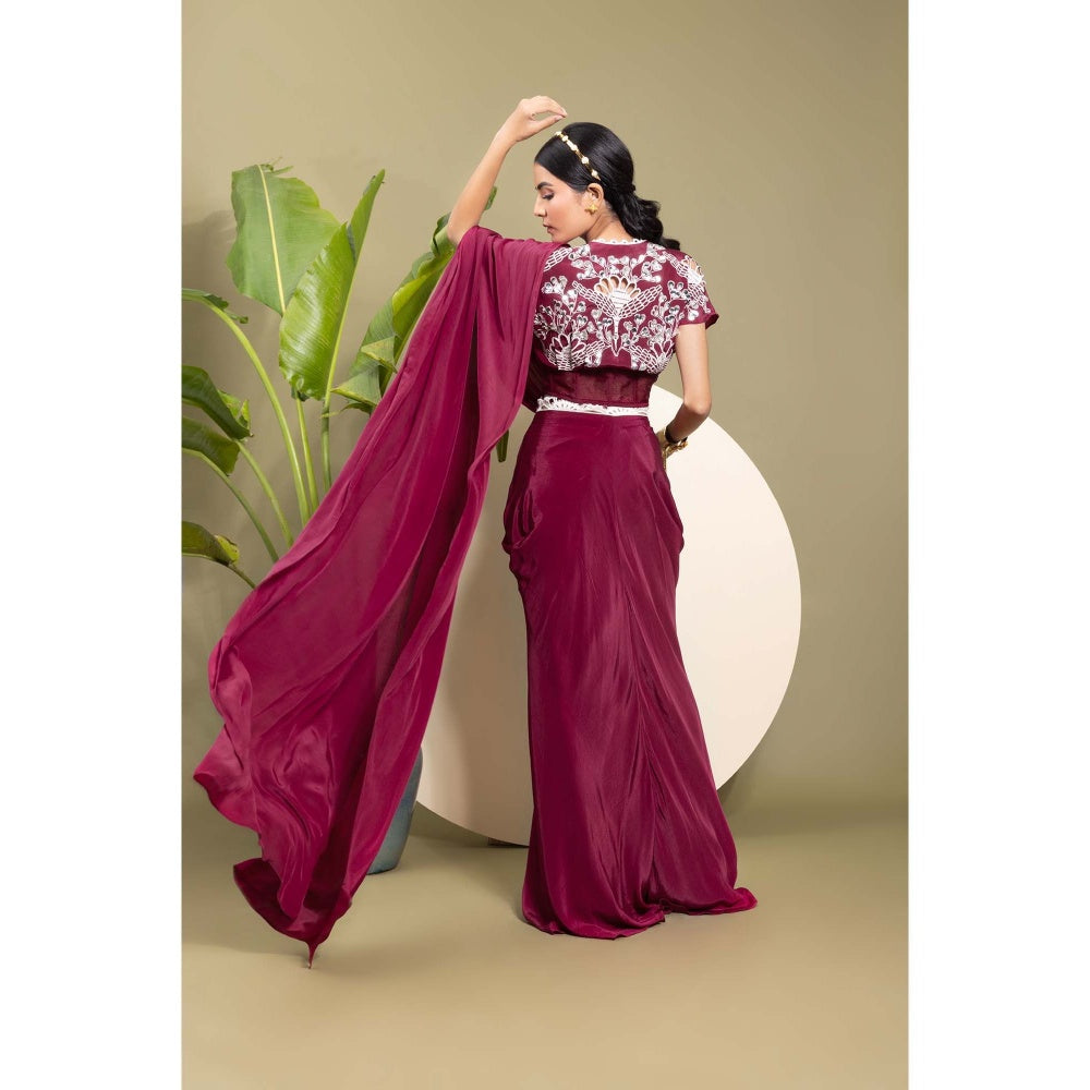 EK Soot Wine Embroidered Pre Draped Saree with Belt and Stitched Blouse