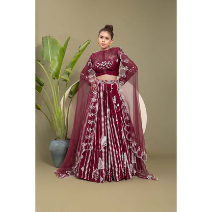 EK Soot Wine Embroidered Blouse with Lehenga and Dupatta (Set of 3)