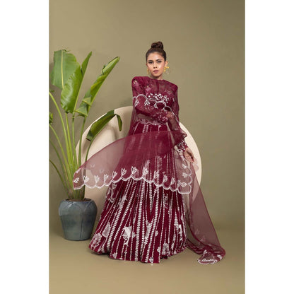 EK Soot Wine Embroidered Blouse with Lehenga and Dupatta (Set of 3)