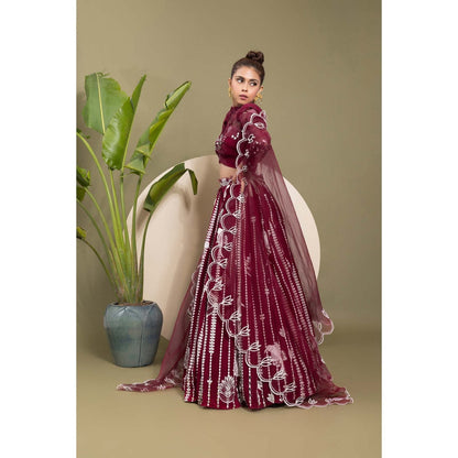 EK Soot Wine Embroidered Blouse with Lehenga and Dupatta (Set of 3)