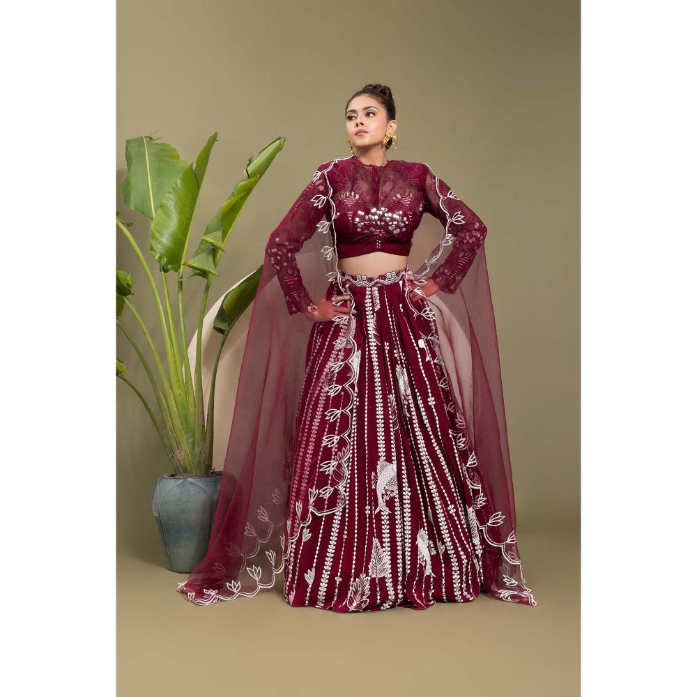 EK Soot Wine Embroidered Blouse with Lehenga and Dupatta (Set of 3)