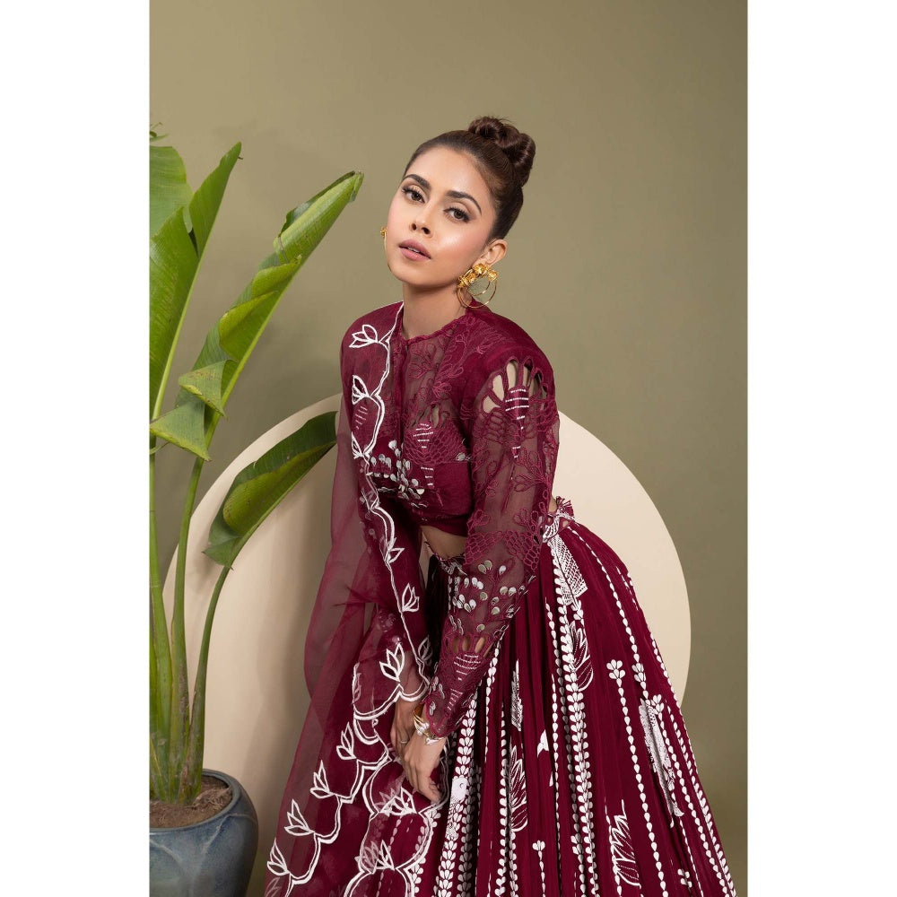 EK Soot Wine Embroidered Blouse with Lehenga and Dupatta (Set of 3)