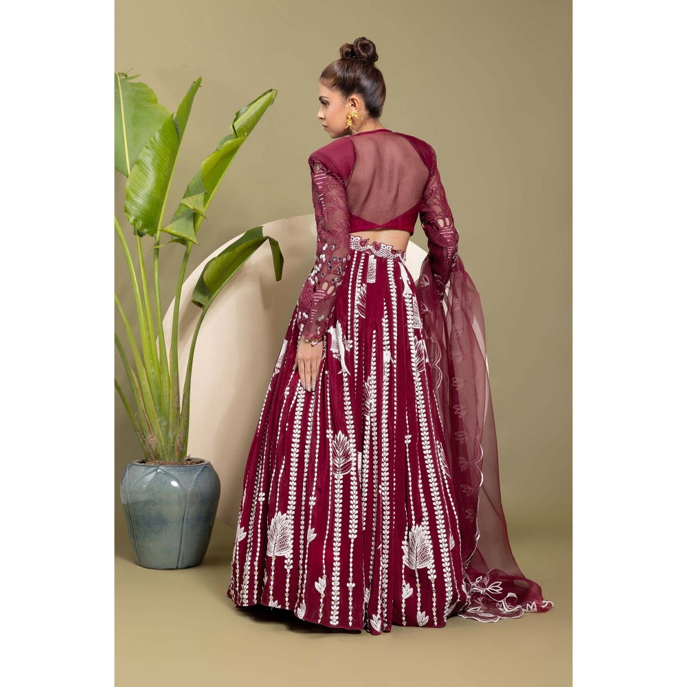 EK Soot Wine Embroidered Blouse with Lehenga and Dupatta (Set of 3)