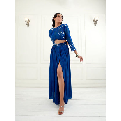 EK Soot Electric Blue Embroidered Crop Top and Pleated Slit Skirt (Set of 2)
