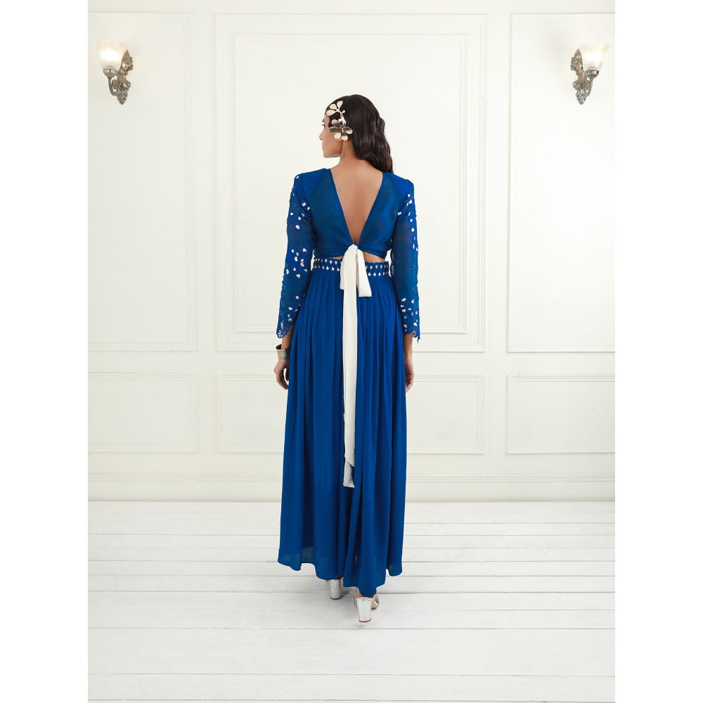 EK Soot Electric Blue Embroidered Crop Top and Pleated Slit Skirt (Set of 2)