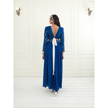 EK Soot Electric Blue Embroidered Crop Top and Pleated Slit Skirt (Set of 2)