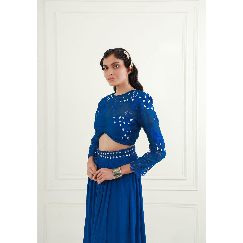 EK Soot Electric Blue Embroidered Crop Top and Pleated Slit Skirt (Set of 2)