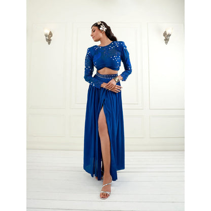 EK Soot Electric Blue Embroidered Crop Top and Pleated Slit Skirt (Set of 2)
