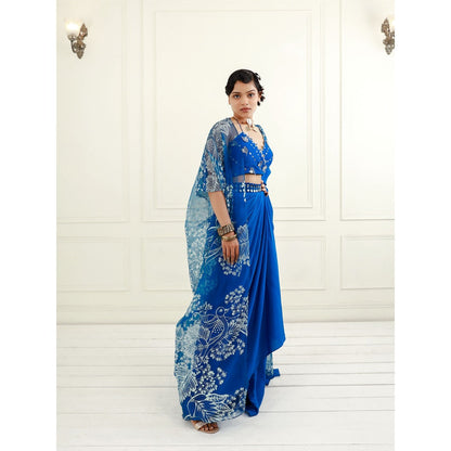 EK Soot Electric Blue Crepe Halter Blouse with Cape and Skirt (Set of 3)