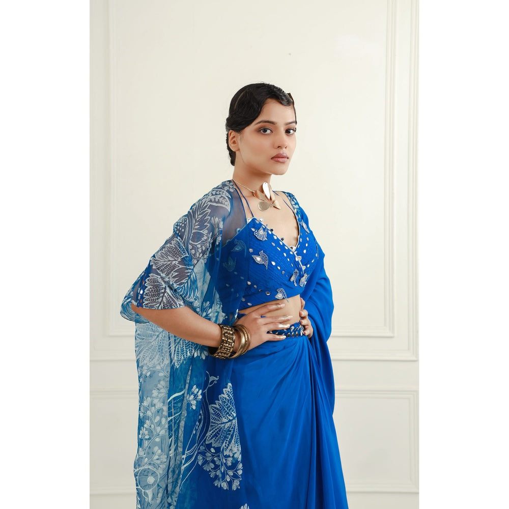 EK Soot Electric Blue Crepe Halter Blouse with Cape and Skirt (Set of 3)