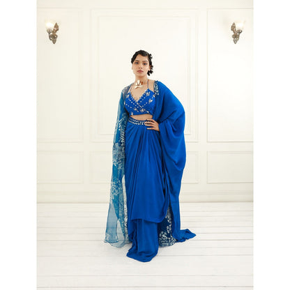 EK Soot Electric Blue Crepe Halter Blouse with Cape and Skirt (Set of 3)