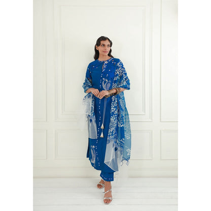 EK Soot Electric Blue Chanderi Kurta with Pant, Inner and Dupatta (Set of 4)