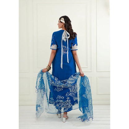 EK Soot Electric Blue Chanderi Kurta with Pant, Inner and Dupatta (Set of 4)
