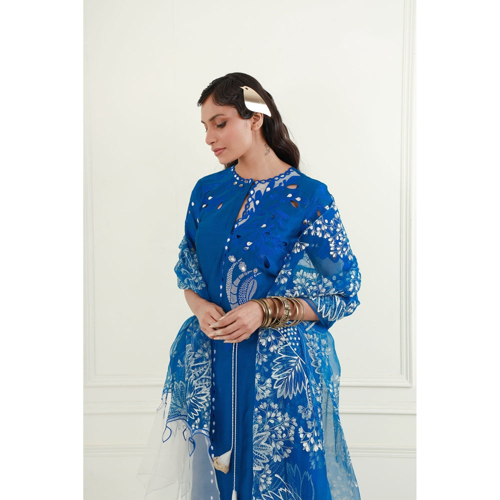 EK Soot Electric Blue Chanderi Kurta with Pant, Inner and Dupatta (Set of 4)