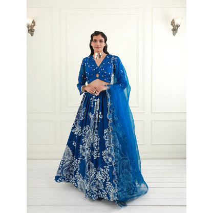EK Soot Electric Blue Organza Blouse with Skirt and Dupatta (Set of 3)