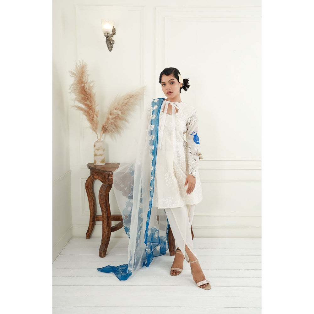EK Soot White Printed Chanderi Kurta with Dhoti and Embroidered Dupatta (Set of 3)