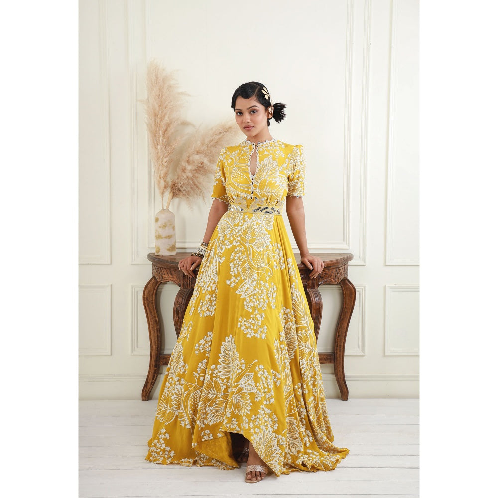 EK Soot Yellow Printed Crepe Asymmetric Maxi Dress with Embroidered Belt (Set of 2)