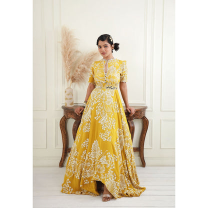 EK Soot Yellow Printed Crepe Asymmetric Maxi Dress with Embroidered Belt (Set of 2)