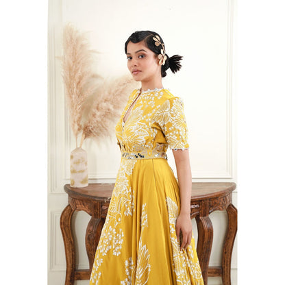EK Soot Yellow Printed Crepe Asymmetric Maxi Dress with Embroidered Belt (Set of 2)