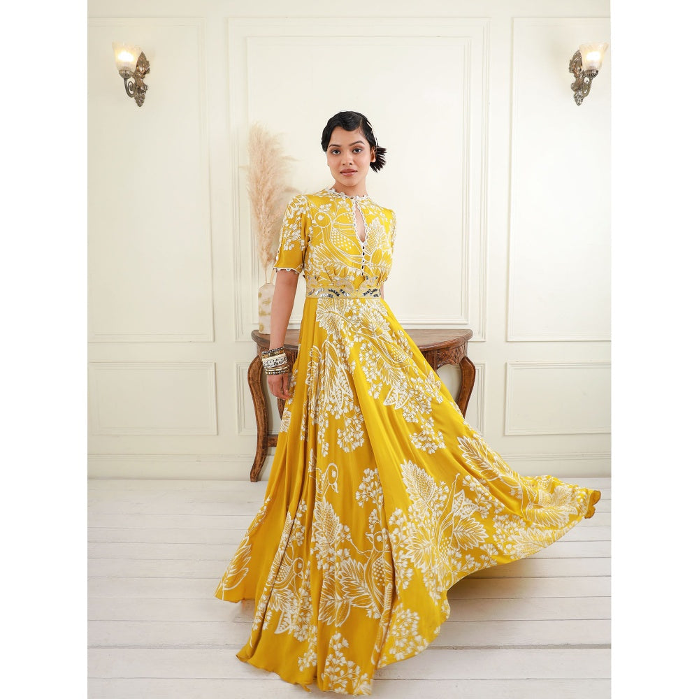 EK Soot Yellow Printed Crepe Asymmetric Maxi Dress with Embroidered Belt (Set of 2)