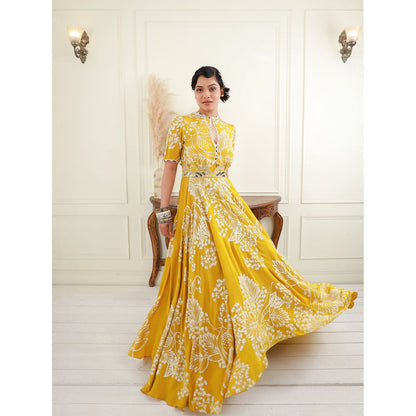 EK Soot Yellow Printed Crepe Asymmetric Maxi Dress with Embroidered Belt (Set of 2)