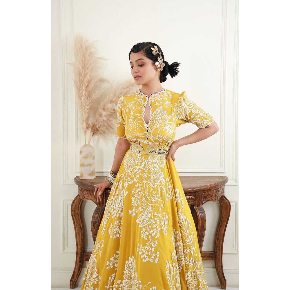 EK Soot Yellow Printed Crepe Asymmetric Maxi Dress with Embroidered Belt (Set of 2)
