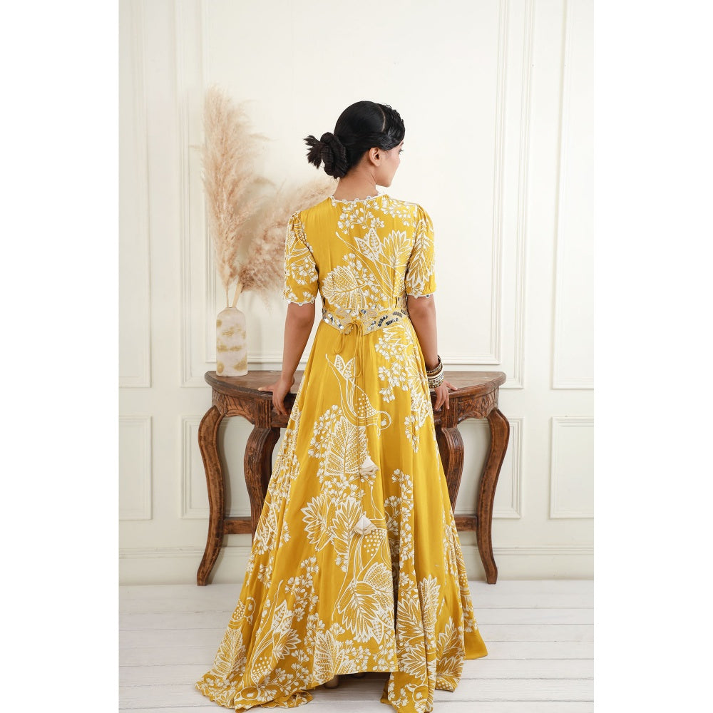 EK Soot Yellow Printed Crepe Asymmetric Maxi Dress with Embroidered Belt (Set of 2)